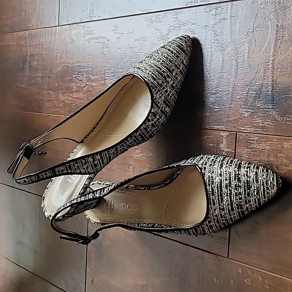 J.Renee mule slingback 7.5 with covered kitten heel plaid metallic baddie
